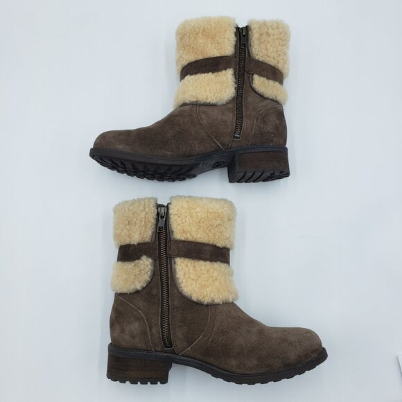 UGG Blayre II Boots 7 Womens Shearling Leather Buckle Strap Brown - Picture 6 of 12